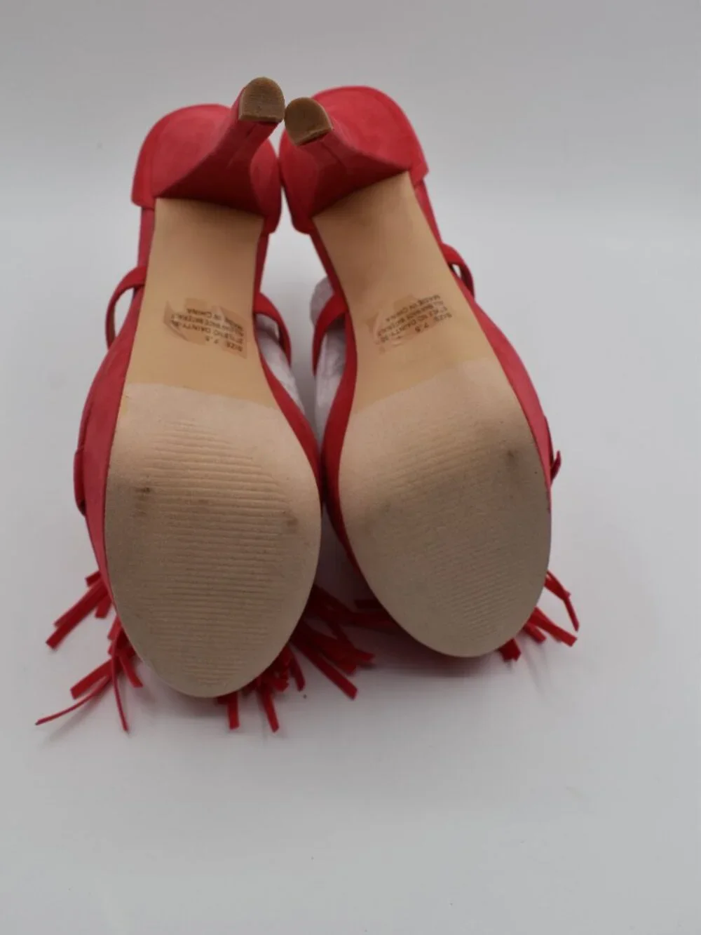 New in Box 7.5 Pink/Coral Fringe Platform Stiletto Heels by C. Label Open Toe
